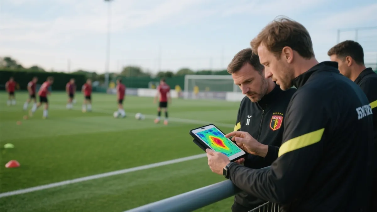 教练组在平板上查看战术热图与跑动数据，球员在训练场进行分组对抗