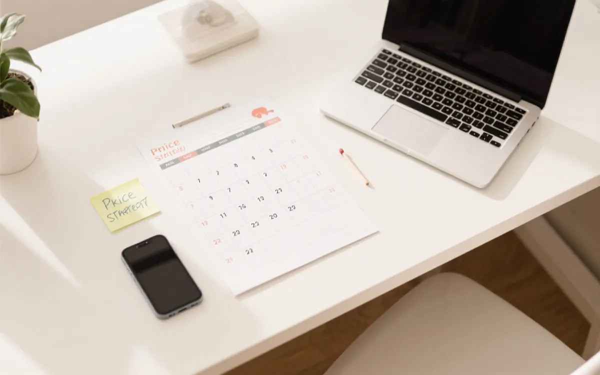 房东在日历与笔记本上规划赛程与节日营销，桌面俯拍